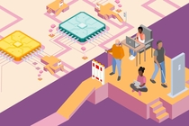 Eine Illustration zeigt vier Personen, die verschiedene Technologien nutzen, wie Laptop, Handy, info-point oder Tablet. Zudem werden große Mikrochip-Plattformen dargestellt, die mit Wegen verbunden, aber durch Barrieren unzugänglich sind. Das Bild stellt fehlende Barrierefreiheit und Inklusion in der digitalen Welt dar.