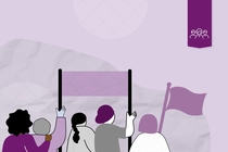 Grafische Darstellung einer Demonstration mit 5 Personen, die einen Banner und eine Fahne hochhalten. Die Grafik ist in lila-Tönen gehalten.