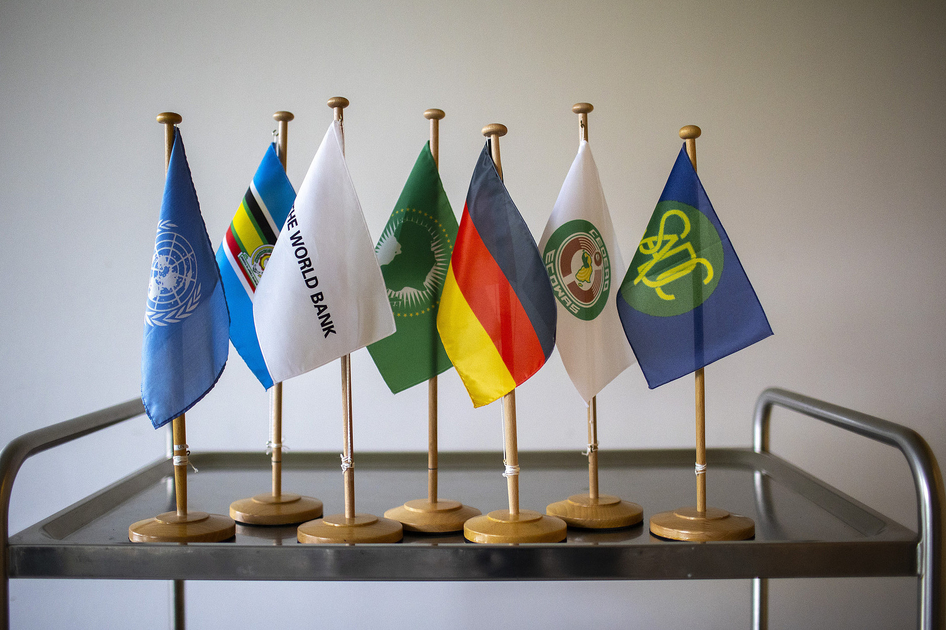 Flags of  UN, EAC, World Bank, AU, Germany, ECOWAS, SADC