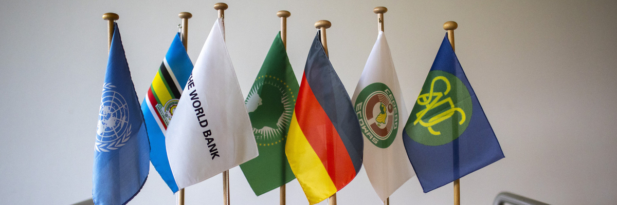 Flags of  UN, EAC, World Bank, AU, Germany, ECOWAS, SADC
