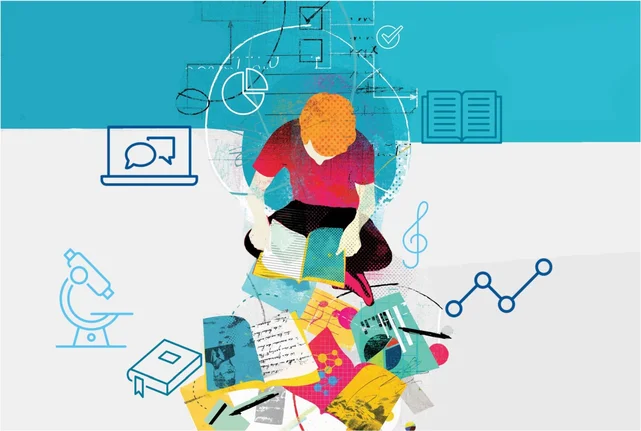 Illustration: Junge blättert in einem von mehreren Schulheften