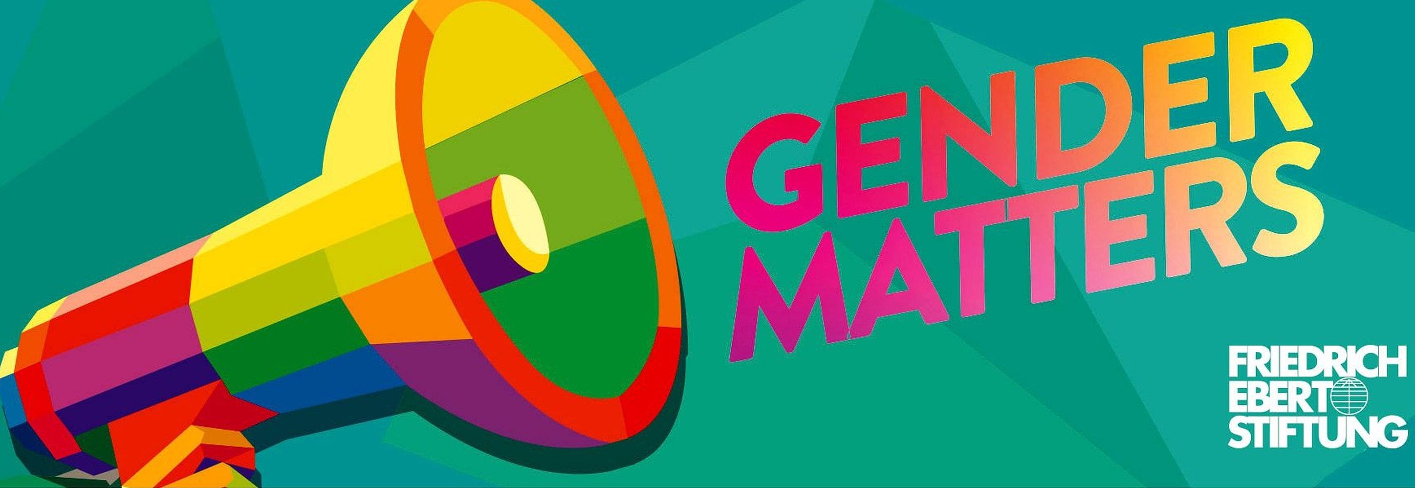 Gender Matters Logo, links Megaphone, sehr bunt, rechts Schriftzug im Farbverlauf