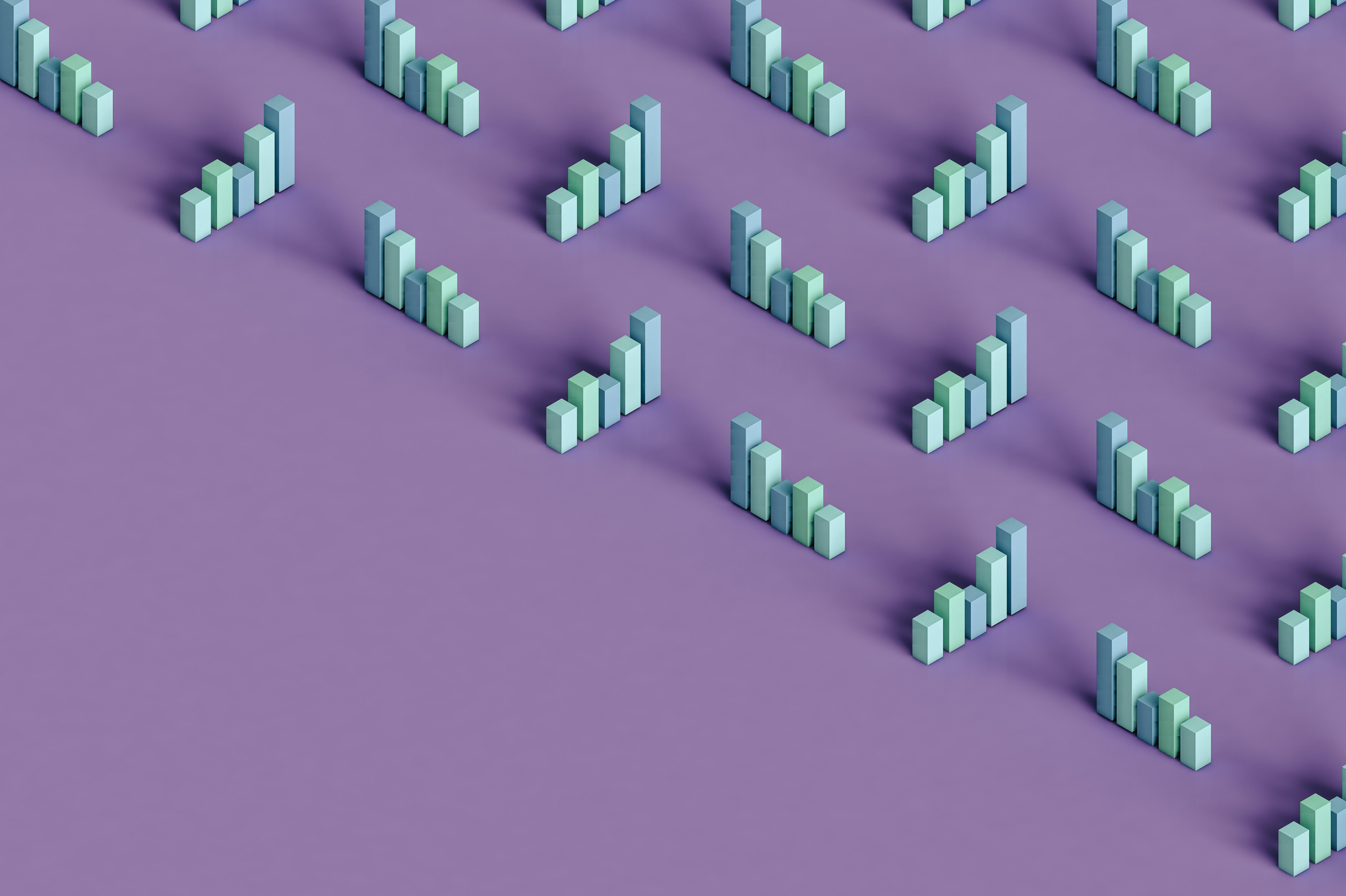 Dreidimensionale Darstellung von pastellfarbenen Balkendiagrammen vor lila Hintergrund 