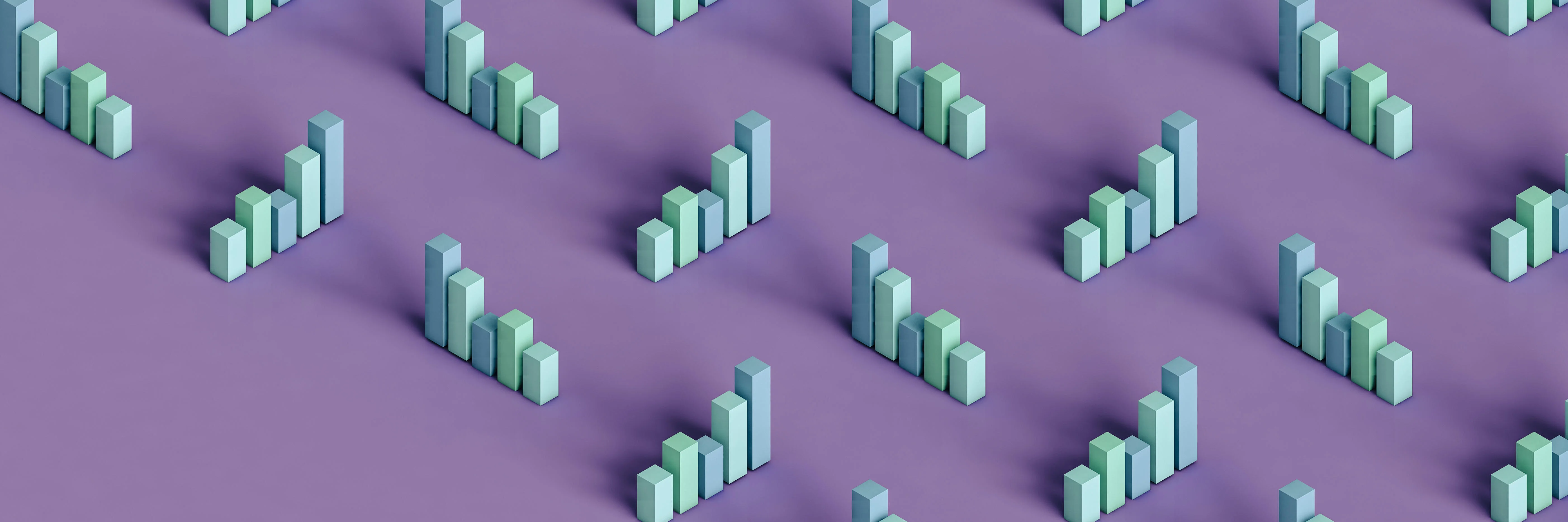 Dreidimensionale Darstellung von pastellfarbenen Balkendiagrammen vor lila Hintergrund 