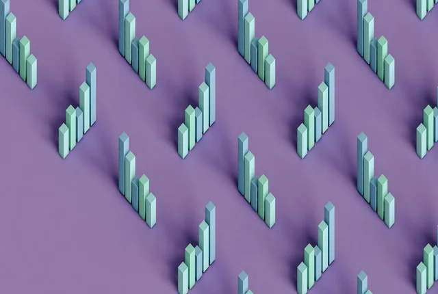 Dreidimensionale Darstellung von pastellfarbenen Balkendiagrammen vor lila Hintergrund 