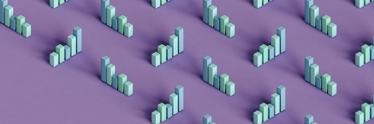 Dreidimensionale Darstellung von pastellfarbenen Balkendiagrammen vor lila Hintergrund 