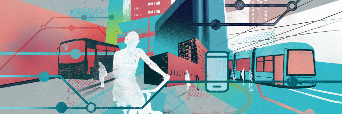 Illustration mit Fahrrad, Bus und Bahn, vernetzt durch digitale Linien und ein Smartphone-Symbol