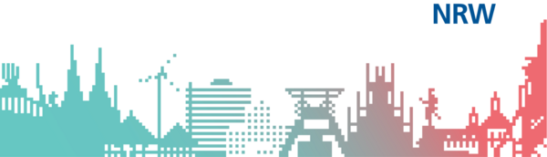 Silhouette von NRW mit Schriftzug: NRW