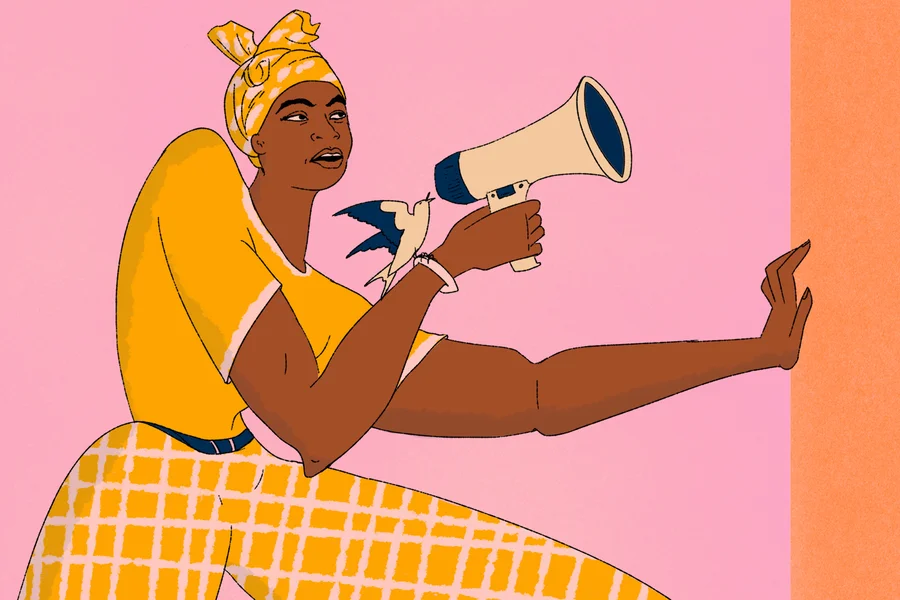 Graphic shows Tina from Sierra Leone with megaphone and white dove of peace