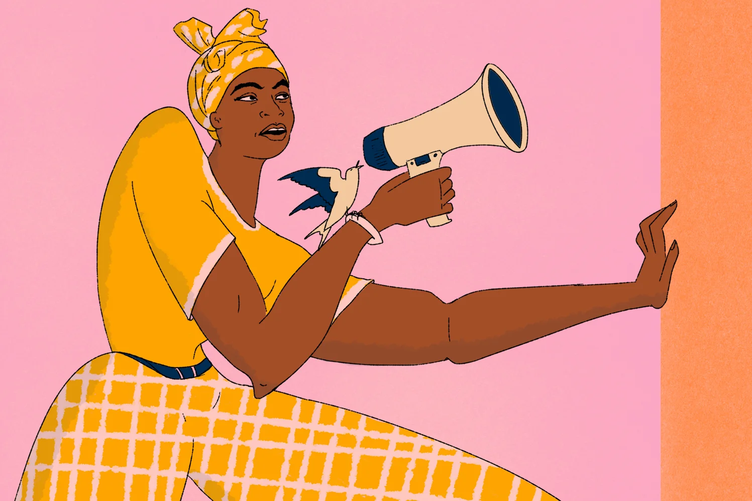 Grafik zeigt Tina aus Sierra Leone mit Megafon und Friedenstaube