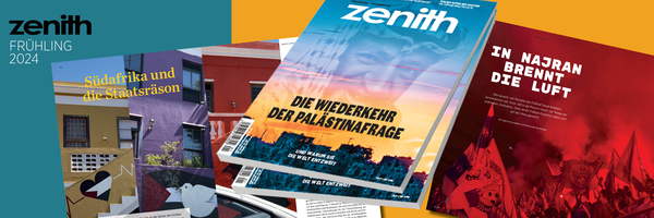 Mittig ist das Cover der neuen Ausgabe der Zeitschrift Zenith zu sehen mit dem Titel "Die Wiederkehr der Palästinafrage. Und warum sie die Welt entzweit". Rechts und links davon sind Seiten aus dem Inhalt zu sehen.