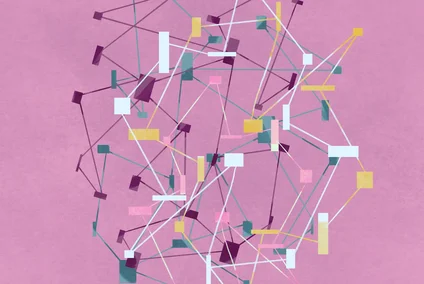 Abstraktes geometrisches Design mit verbundenen Linien und Rechtecken auf rosa Hintergrund