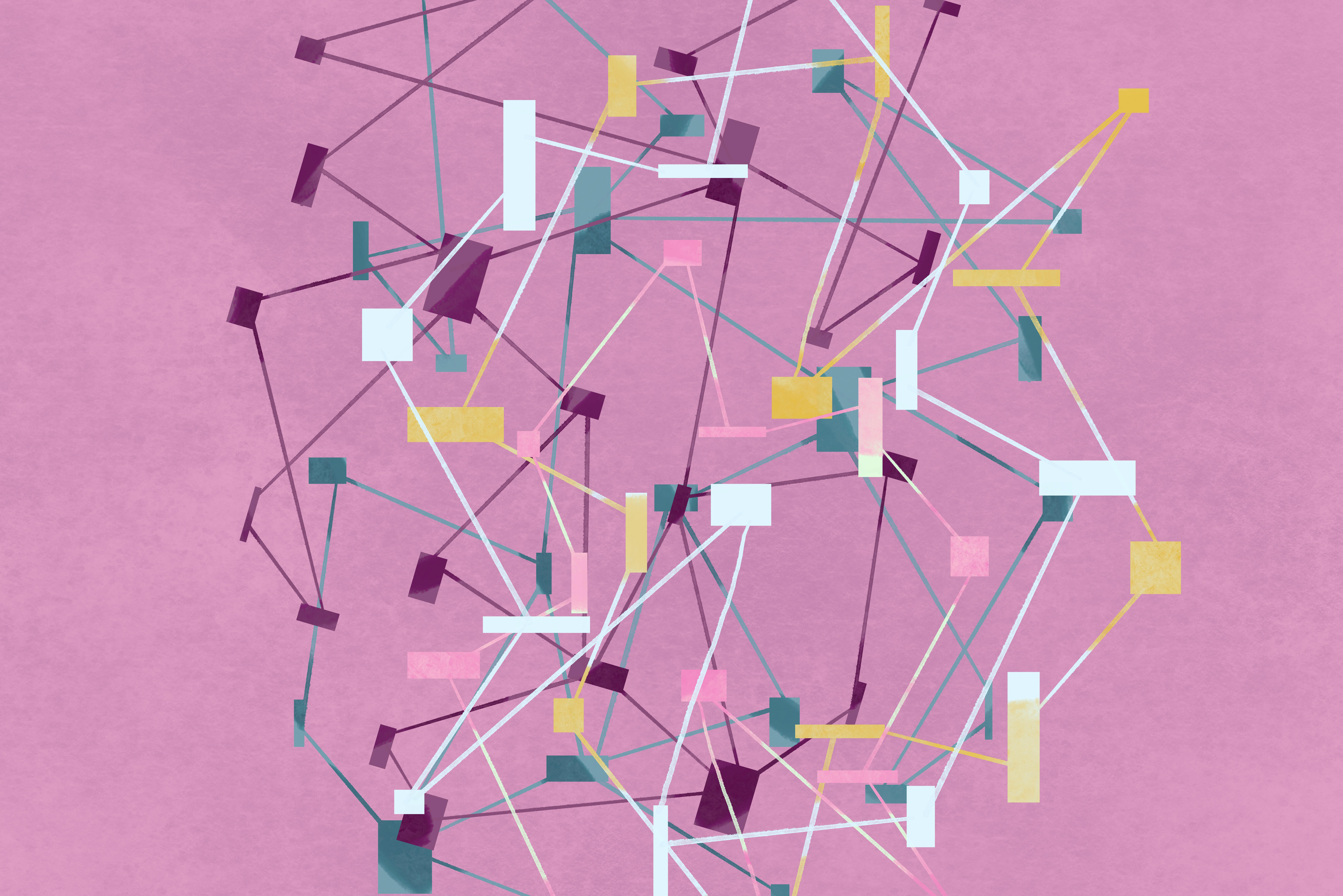 Abstraktes geometrisches Design mit verbundenen Linien und Rechtecken auf rosa Hintergrund