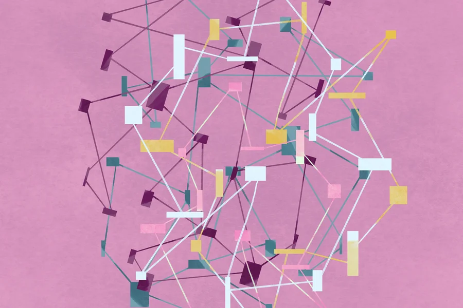 Abstraktes geometrisches Design mit verbundenen Linien und Rechtecken auf rosa Hintergrund