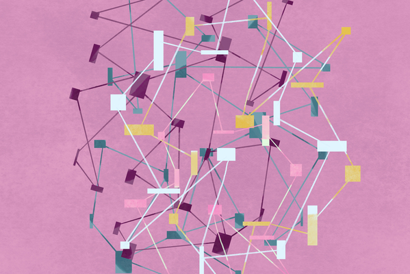 Abstraktes geometrisches Design mit verbundenen Linien und Rechtecken auf rosa Hintergrund