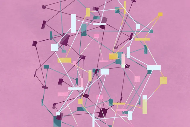 Abstraktes geometrisches Design mit verbundenen Linien und Rechtecken auf rosa Hintergrund