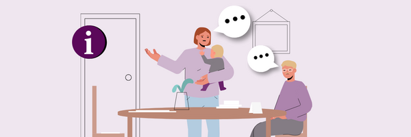 Illustration: Eine Familie mit drei Kindern, Frau und Mann unterhalten sich