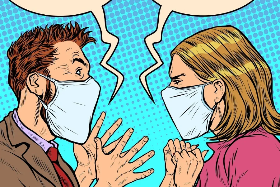 Illustration: Mann und Frau mit Maske auf schreien sich an