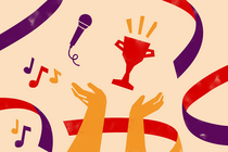Hände, die einen Pokal in die Höhe werfen, sowie abstrakte Luftschlangen, Musiknoten und ein Mikrofon sind als Grafik in gelb, rot und lila-Tönen abgebildet