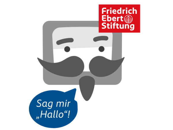 Illustration eines stilisierten Computerbildschirms mit Gesicht und Schnurrbart. Oben rechts ist das Logo der Friedrich-Ebert-Stiftung zu sehen. In einer blauen Sprechblase steht: ‚Sag mir „Hallo“!‘