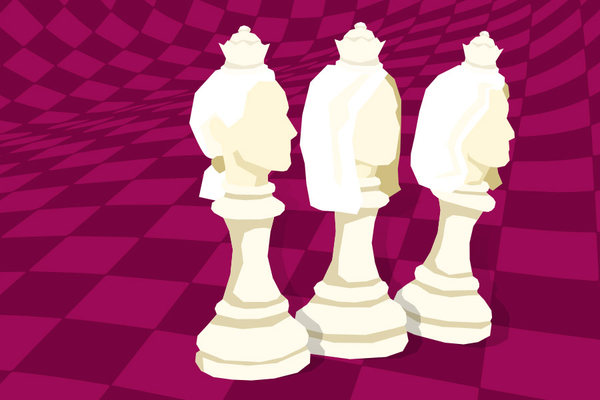 drei weibliche Schachfiguren, eine kippt nach rechts 