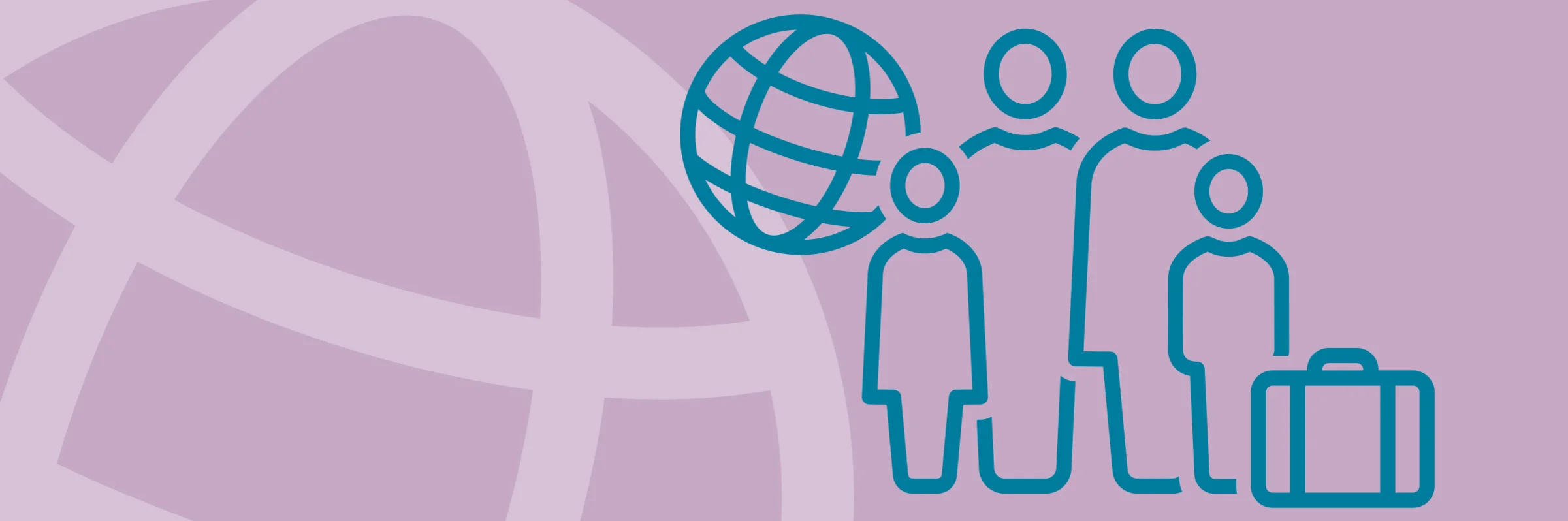 Icons auf violettem Untergrund: Mehrere Personen, ein Koffer und ein Globus