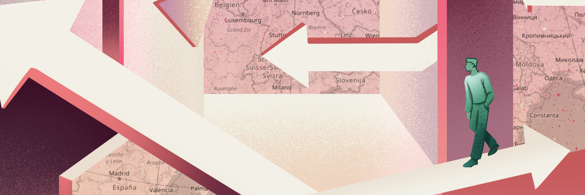 Rötliche Grafik mit Pfeilen in unterschiedliche Richtungen rund um eine Deutschlandkarte in der Mitte. Auf den Pfeilen laufen Personen.