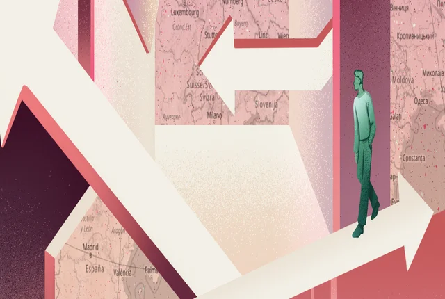 Rötliche Grafik mit Pfeilen in unterschiedliche Richtungen rund um eine Deutschlandkarte in der Mitte. Auf den Pfeilen laufen Personen.