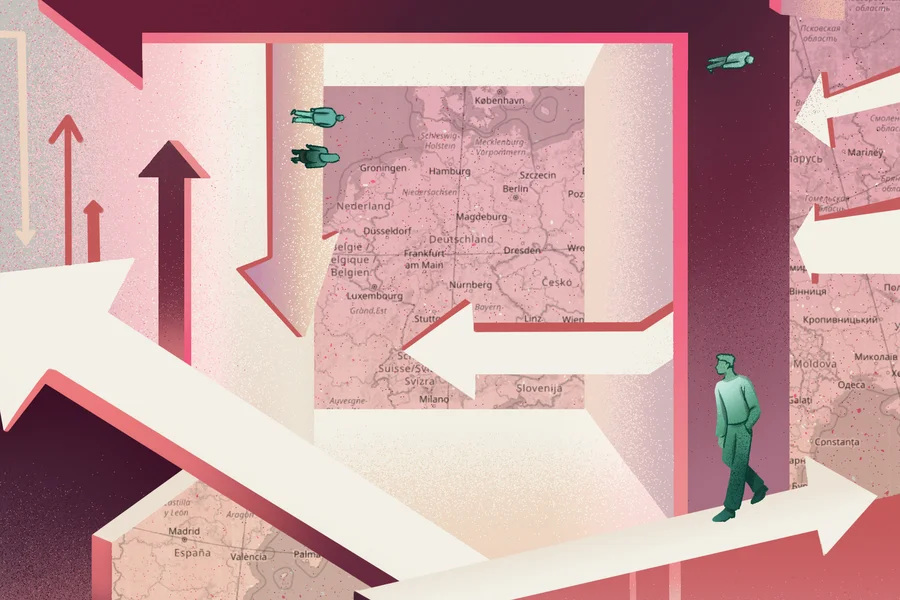 Rötliche Grafik mit Pfeilen in unterschiedliche Richtungen rund um eine Deutschlandkarte in der Mitte. Auf den Pfeilen laufen Personen.