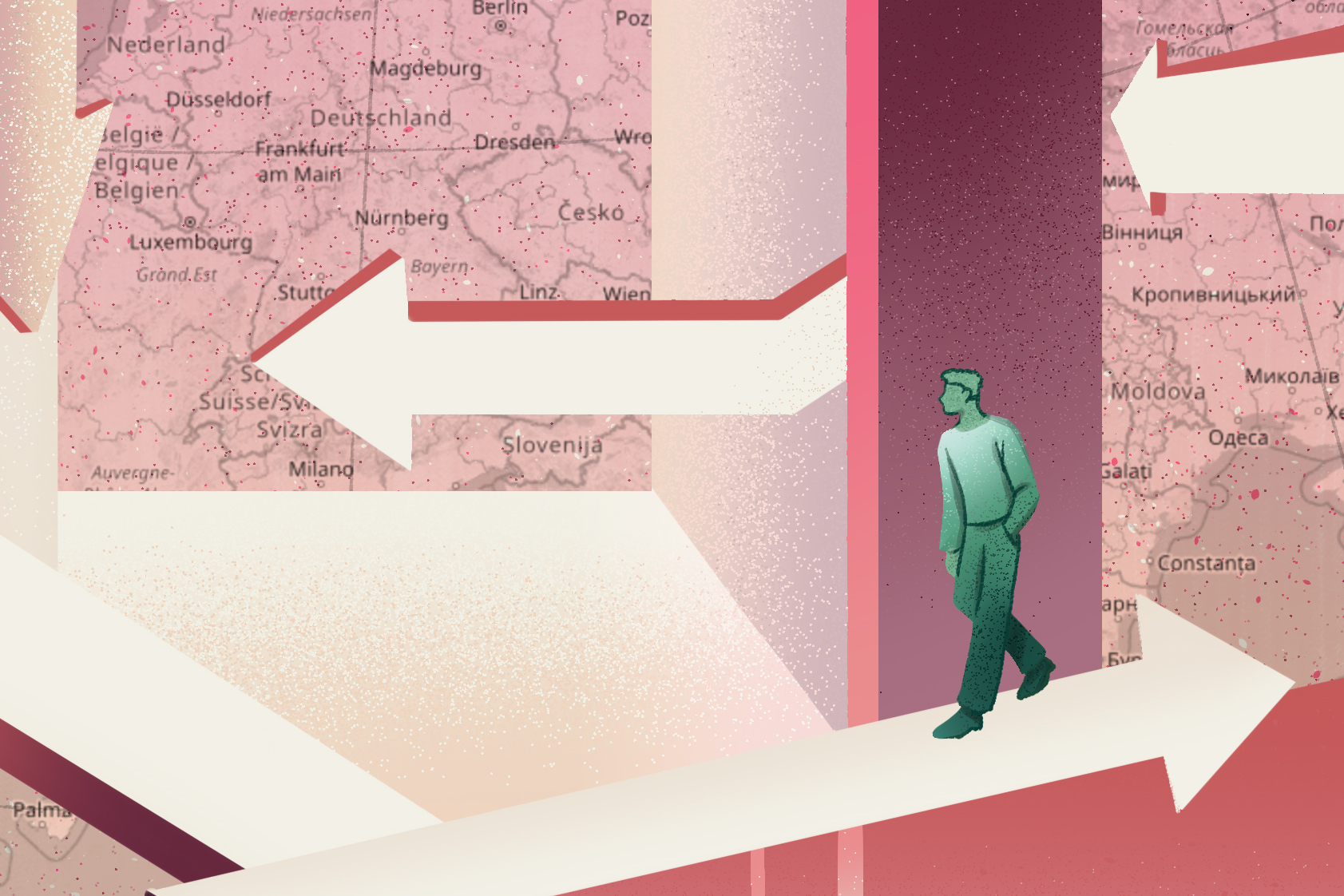 Rötliche Grafik mit Pfeilen in unterschiedliche Richtungen rund um eine Deutschlandkarte in der Mitte. Auf den Pfeilen laufen Personen.