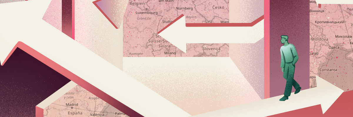 Rötliche Grafik mit Pfeilen in unterschiedliche Richtungen rund um eine Deutschlandkarte in der Mitte. Auf den Pfeilen laufen Personen.