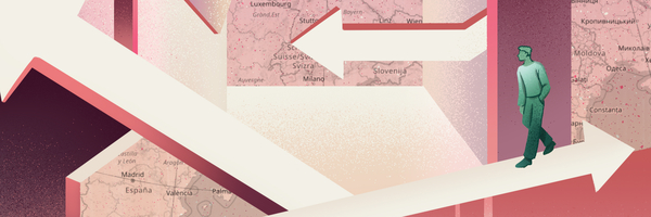 Rötliche Grafik mit Pfeilen in unterschiedliche Richtungen rund um eine Deutschlandkarte in der Mitte. Auf den Pfeilen laufen Personen.