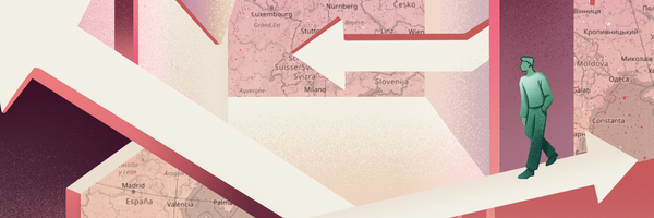 Rötliche Grafik mit Pfeilen in unterschiedliche Richtungen rund um eine Deutschlandkarte in der Mitte. Auf den Pfeilen laufen Personen.