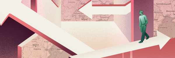 Rötliche Grafik mit Pfeilen in unterschiedliche Richtungen rund um eine Deutschlandkarte in der Mitte. Auf den Pfeilen laufen Personen.