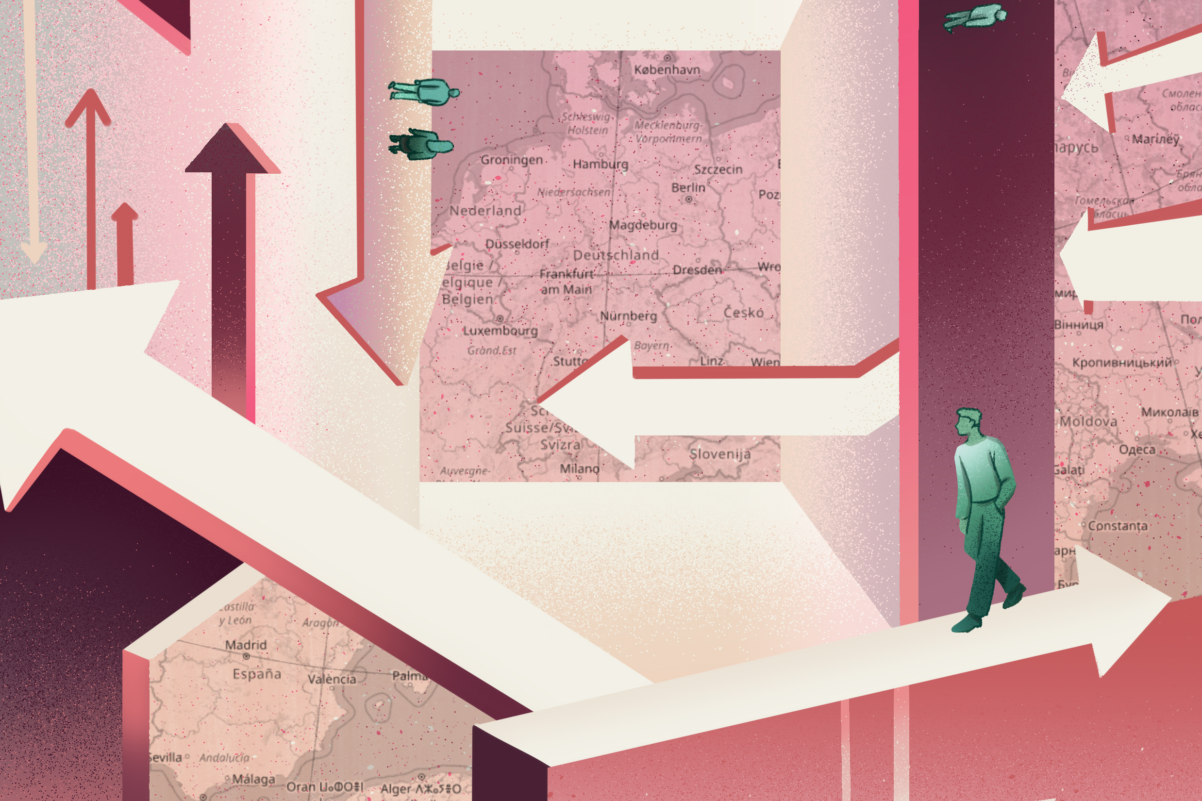 Rötliche Grafik mit Pfeilen in unterschiedliche Richtungen rund um eine Deutschlandkarte in der Mitte. Auf den Pfeilen laufen Personen.