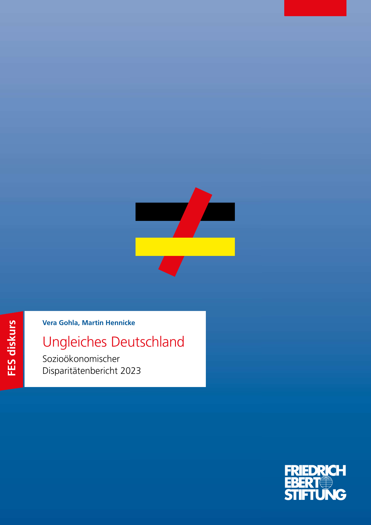 Coverbild der Studie "Ungleiches Deutschland - Sozioökonomischer Disparitätenbericht 2023"; blauer Hintergrund mit Farbverlauf, darauf ein Ungleichheitszeichen in den Farben der Deutschlandflagge. Darauf der Titel der Studie.