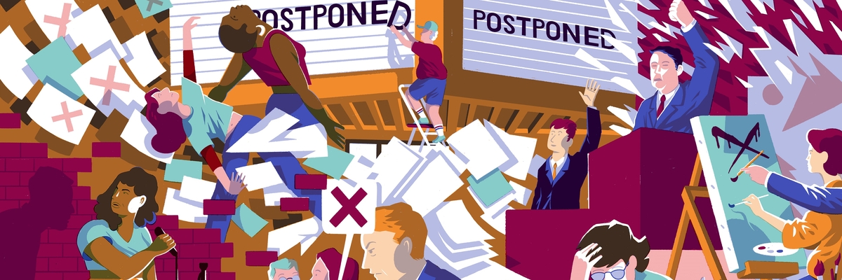 Illustrierte Collage von Szenen aus dem Kulturbereich, die jeweils eine Verhinderung oder den Eingriff Dritter zeigt.