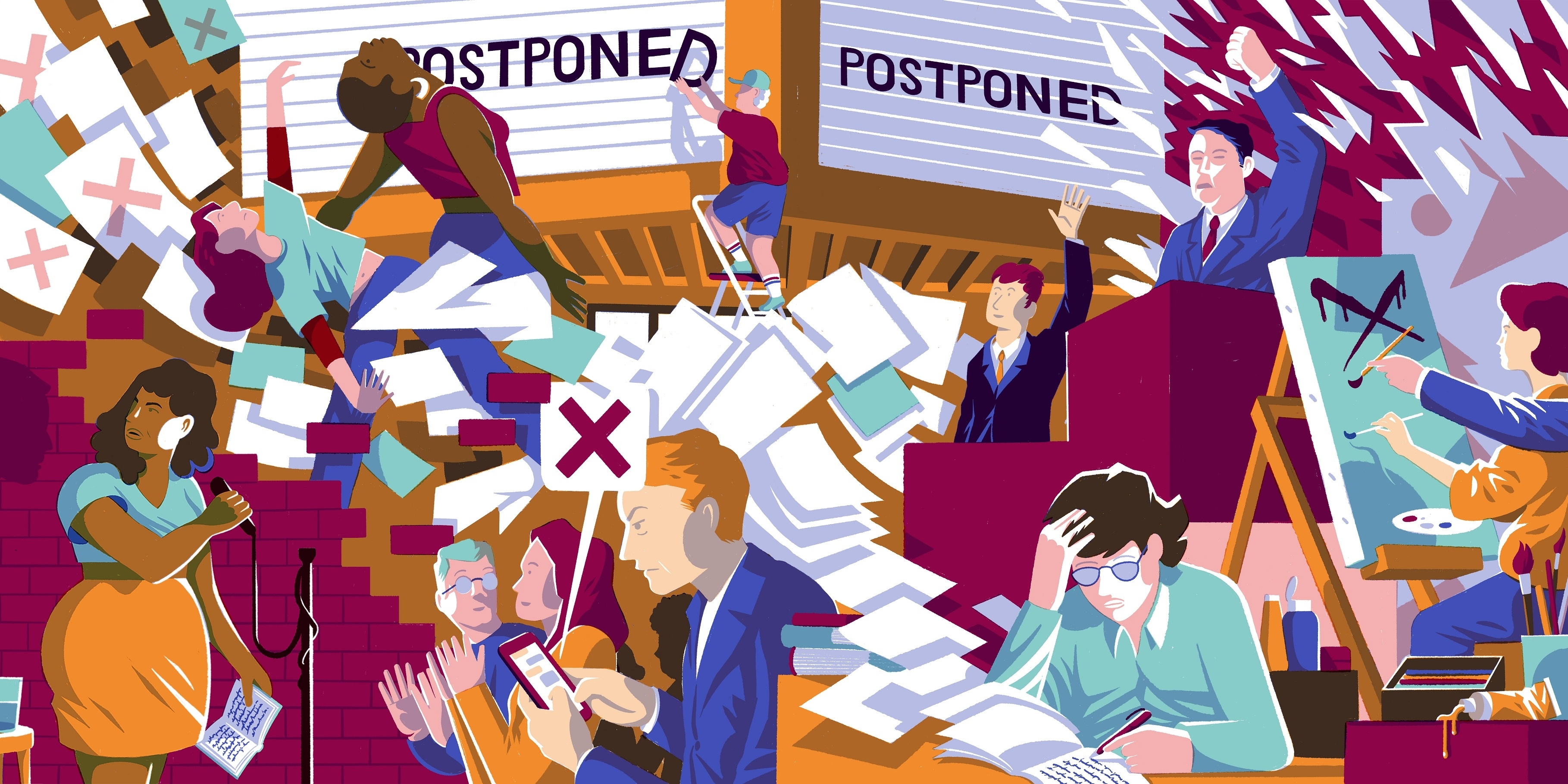 Illustrierte Collage von Szenen aus dem Kulturbereich, die jeweils eine Verhinderung oder den Eingriff Dritter zeigt.