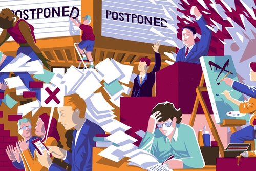 Illustrierte Collage von Szenen aus dem Kulturbereich, die jeweils eine Verhinderung oder den Eingriff Dritter zeigt.