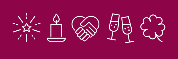 Weiße Symbole von einem Stern, einer Kerze, einem Handschlag, Sektgläser und Kleeblatt vor rotem Hintergrund.