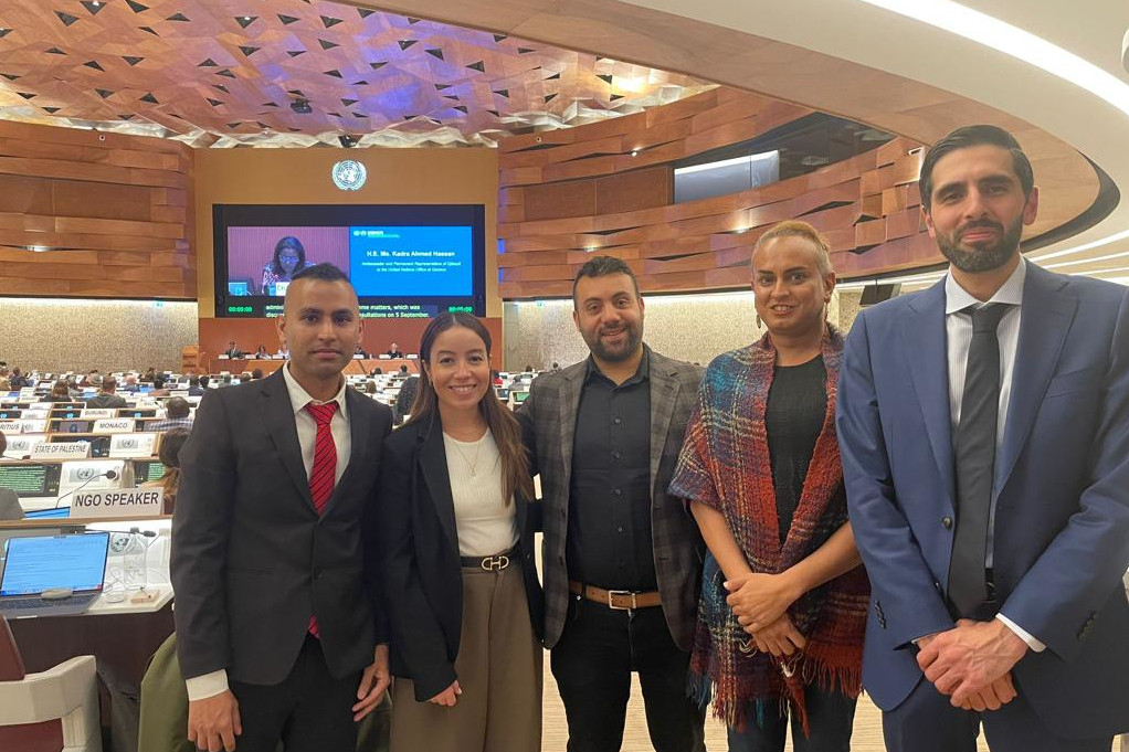 Staatliche Delegation bei der ExCom 2023 mit 3 Flüchtlingsberatern: USA, Kanada und Deutschland.