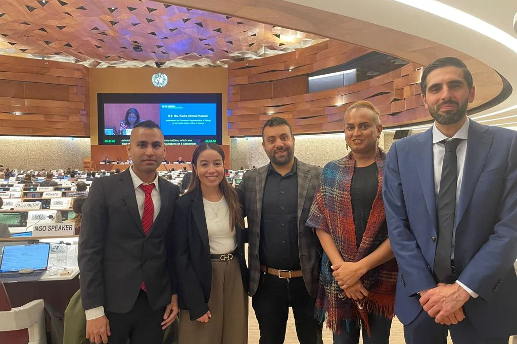 Staatliche Delegation bei der ExCom 2023 mit 3 Flüchtlingsberatern: USA, Kanada und Deutschland.