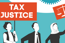 Illustration von 4 Personen, die mit zwei Plakaten und einem Megaphon demonstrieren. Auf einem Plakat ist eine Waage als Symbol für Gerechtigkeit abgebildet und auf einem Plakat steht Tax justice. Steuergerechtigkeit