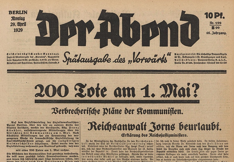 Schlagzeile der "Vorwärts"-Abendausgabe vom 29.04.1929.