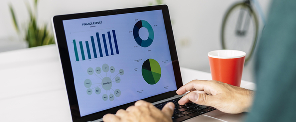 Eine Person analysiert an einem Laptop verschiedene Diagramme.