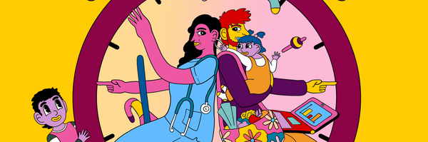 Illustration von Eltern mit kleinen Kindern vor einer Uhr, umgeben von Alltagsgegenständen und Spielzeug