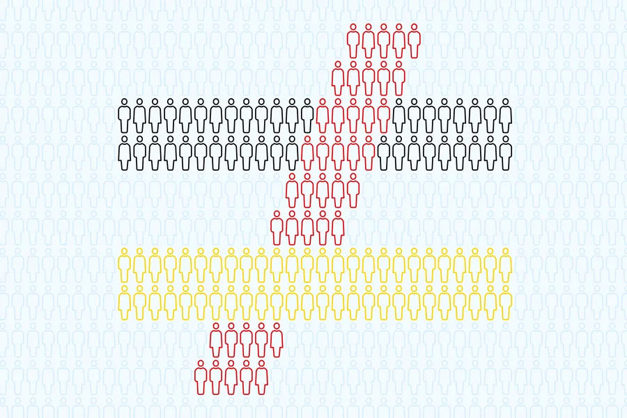 Illustration: Ein Ungleichheitszeichen in den Farben Schwarz, Rot und Gelb ird aus Personen-Piktogrammen gebildet