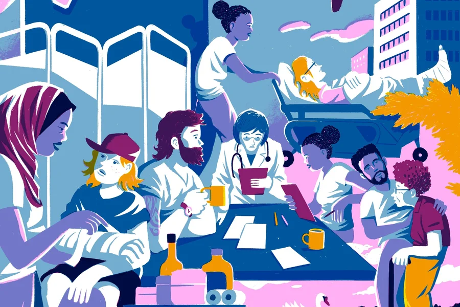 Bunte Illustration mit verschiedenen Motiven aus dem Themenbereich Pflege