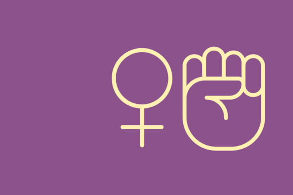 gelbe Icons auf lila Grund: Frau und Faust