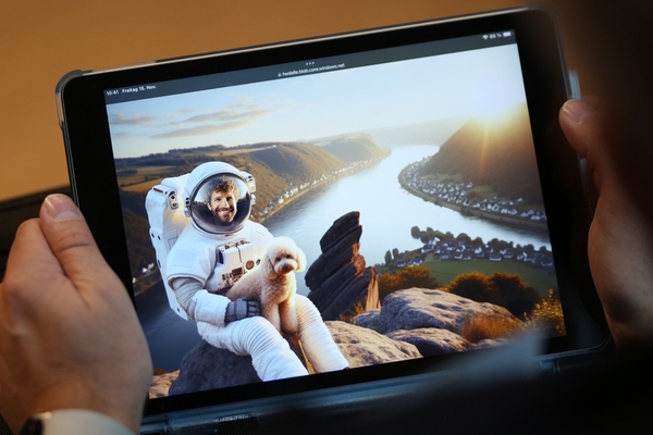 Ein Foto eines Tablets, auf dem ein Foto eines Astronauten gezeigt wird, der einen Pudel auf dem Schoß hat und am Ufer eines Flusses sitzt.